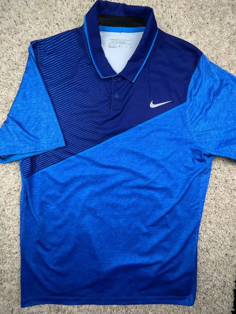 Nike Golf Tour Performance XL Blue Striped w Chest Logo Polyester Dri-Fit
